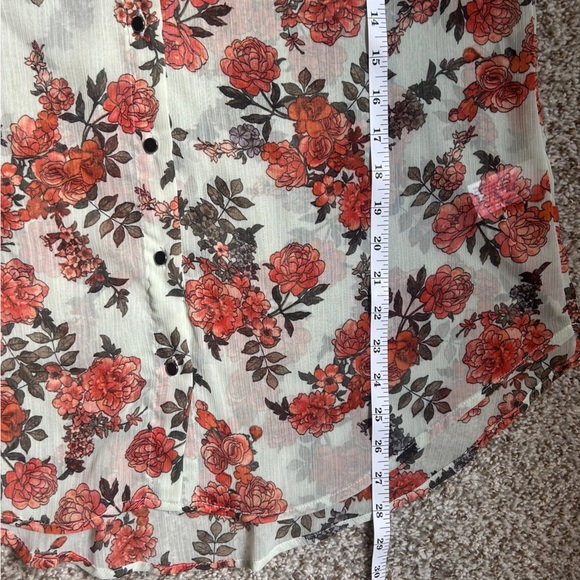 A New Day Mint Orange Long Sleeve Button Down Collar Blouse Floral Semi Sheer - Picture 6 of 6